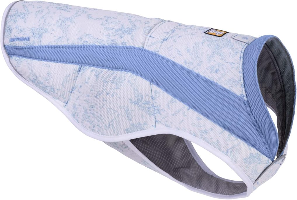 Light blue dog jacket with a textured pattern and grey lining. Suitable for outdoor use.