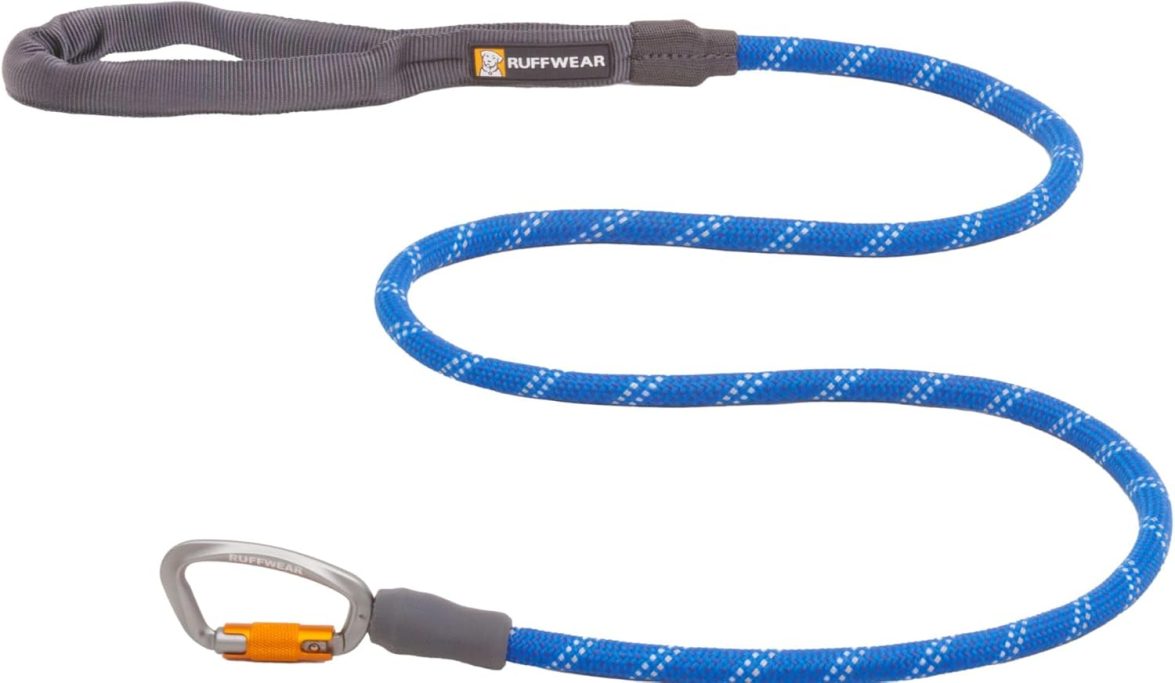 Blue climbing rope with a grey handle and a silver carabiner attached.