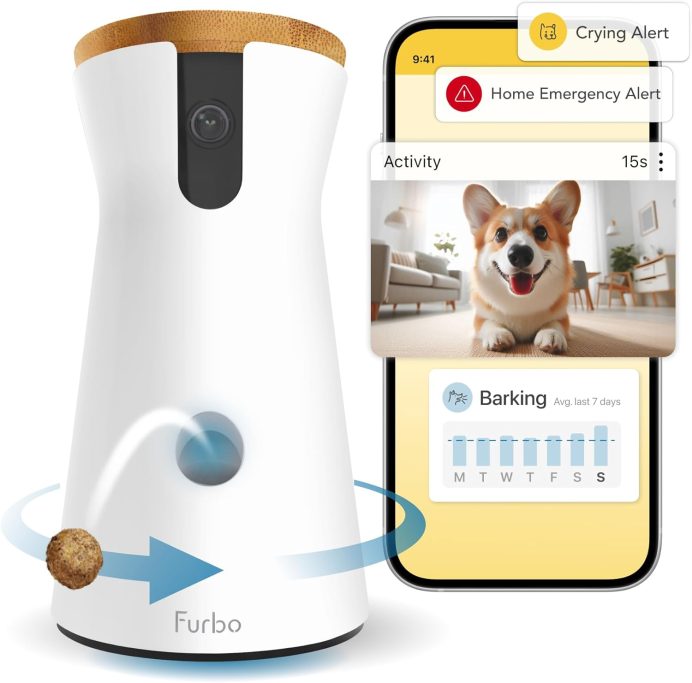Smart pet camera and treat dispenser with barking alert and mobile app interface.