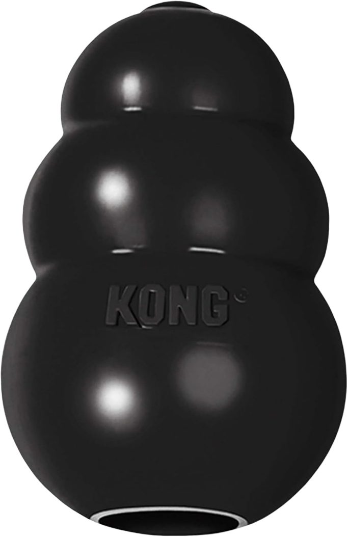 Black rubber KONG dog toy with a hollow, rounded design.