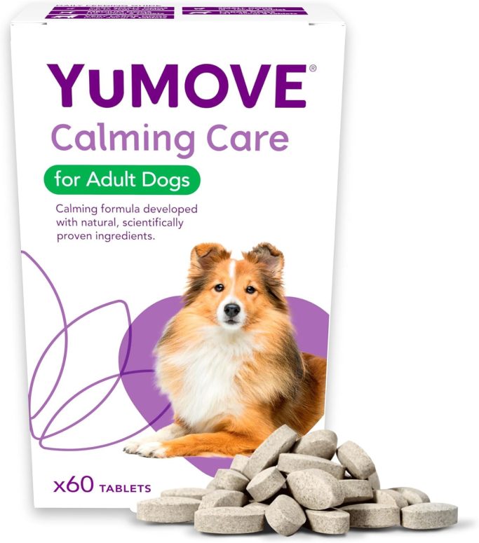 YuMOVE Calming Care tablets for adult dogs in a purple and white box with a dog on the front.
